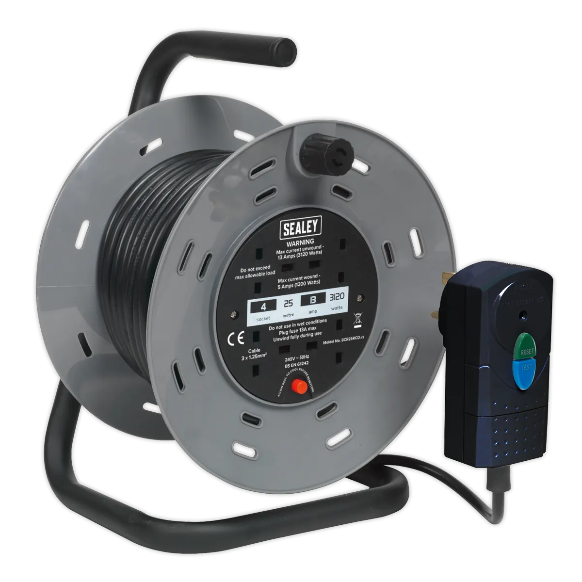 Cable Reel 25m 4 x 230V 1.25mm_ Thermal Trip with RCD Plug