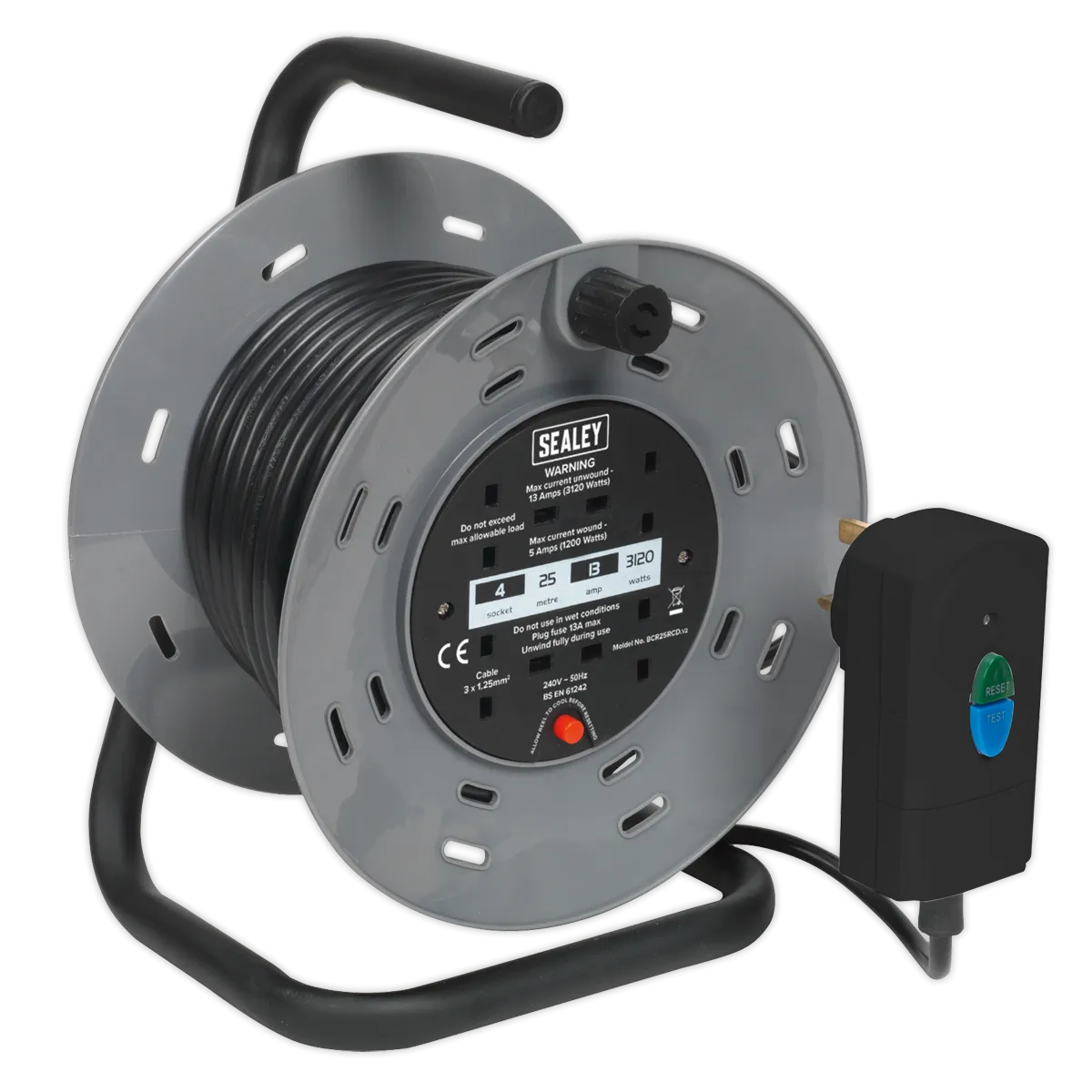 Cable Reel 25m 4 x 230V 1.25mm_ Thermal Trip with RCD Plug