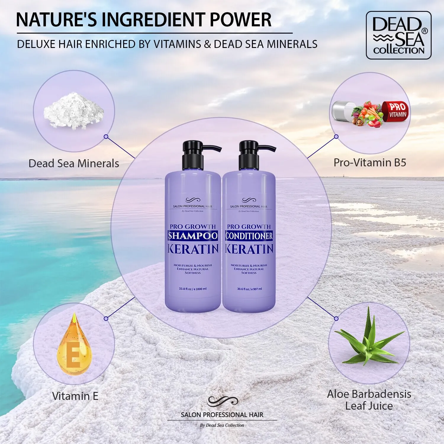 Dead Sea Collection Shampoo and Conditioner Set for Strengthening and Volume - Pure Dead Sea Minerals and Keratin – Nutrition, Repair and Shine - Pack of 2 (33.8 & 30.6 Fl. Oz)