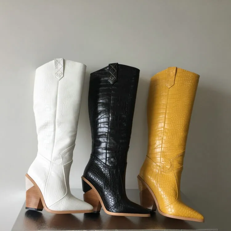 Leather Chunky Heel Point Toe Knee High Boots