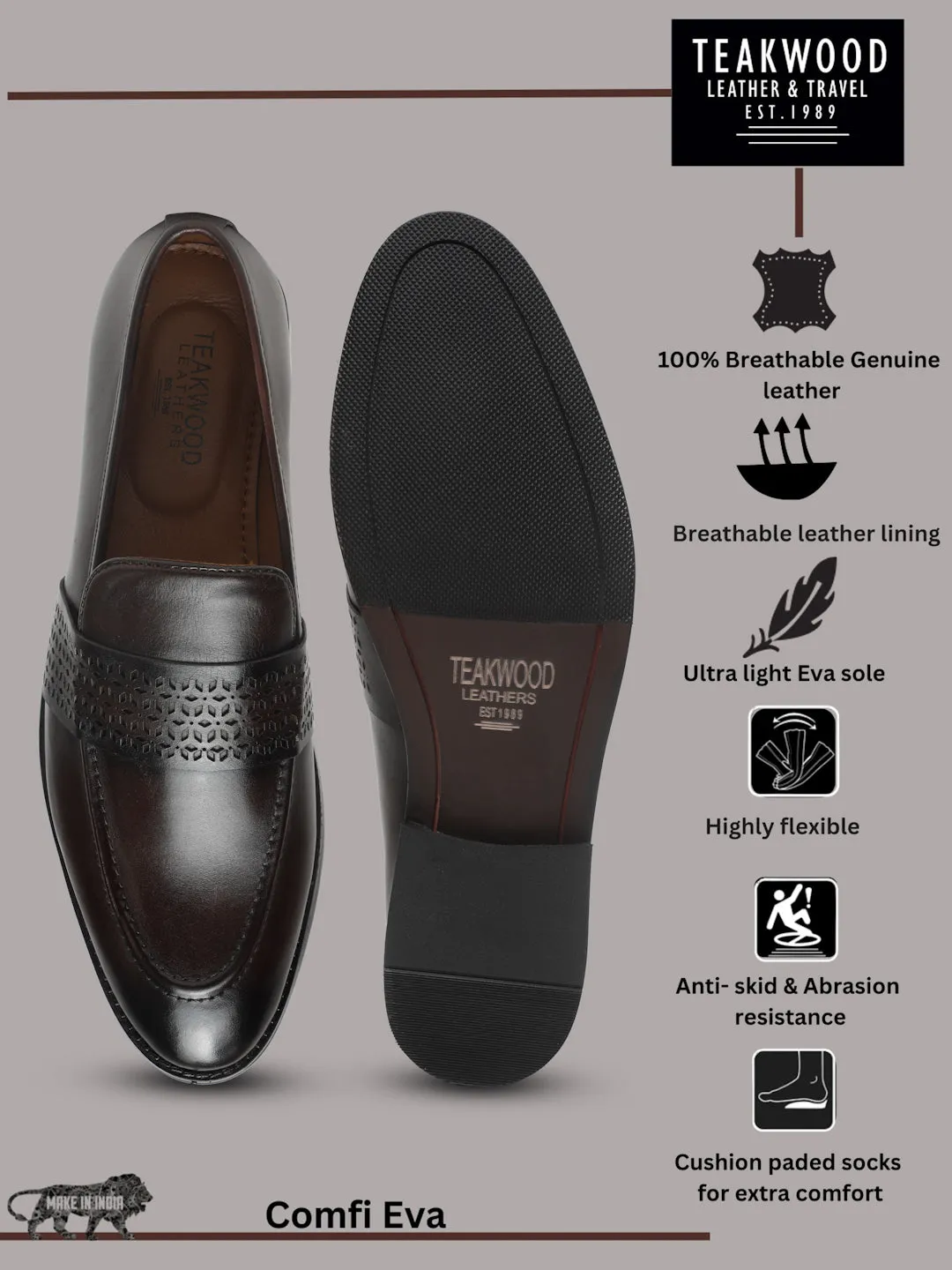 Men's Brown Solid Leather Slip-on shoes