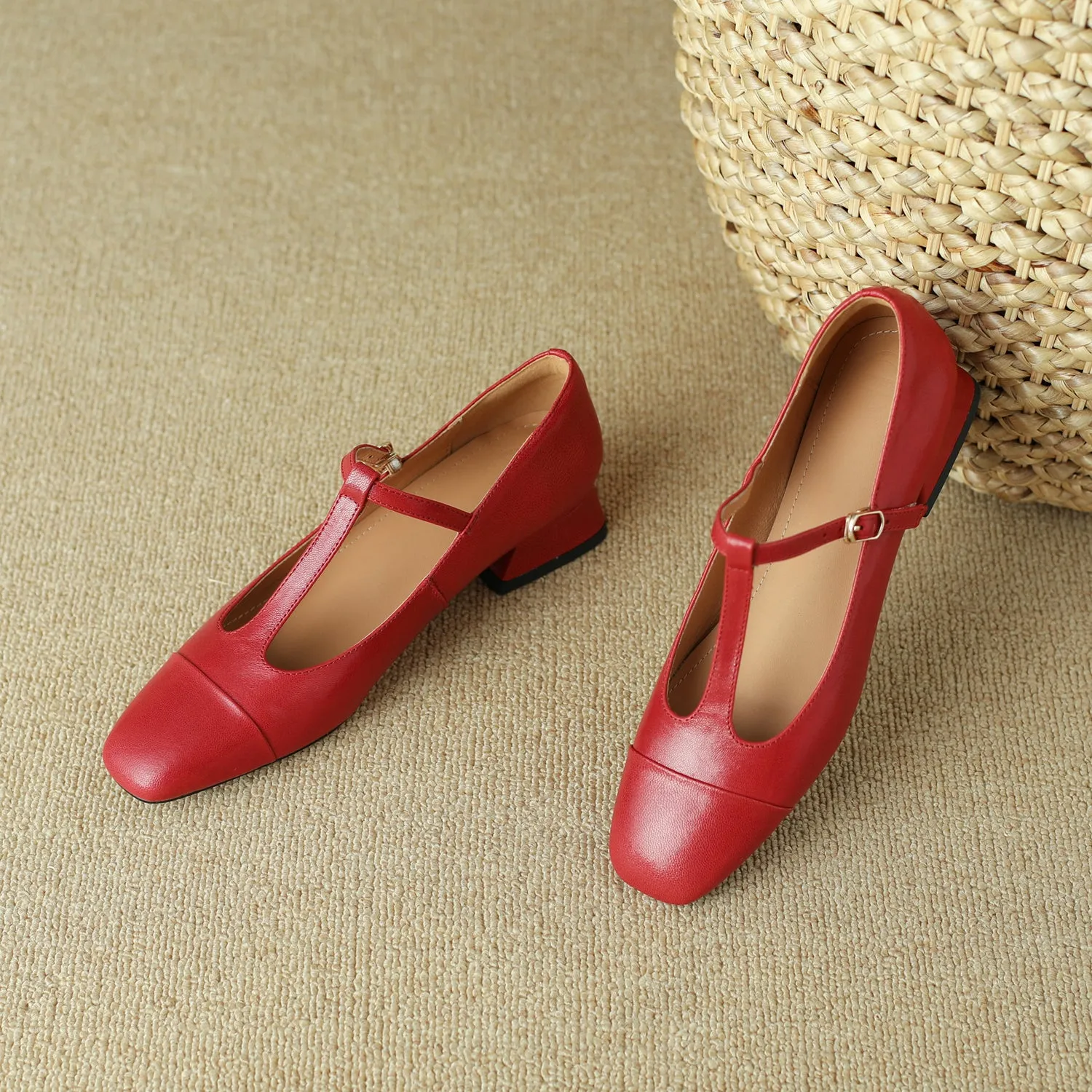 TinaCus T-Strap Buckle Women's Handmade Genuine Leather Mary Jane Flats Shoes