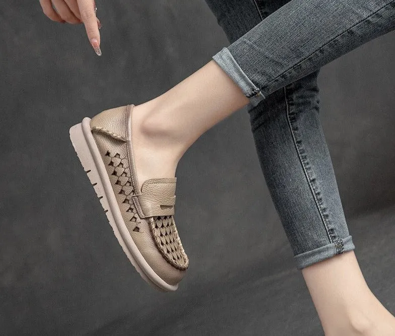 Women Retro Leather Moccasins Flats Ballet Shoes