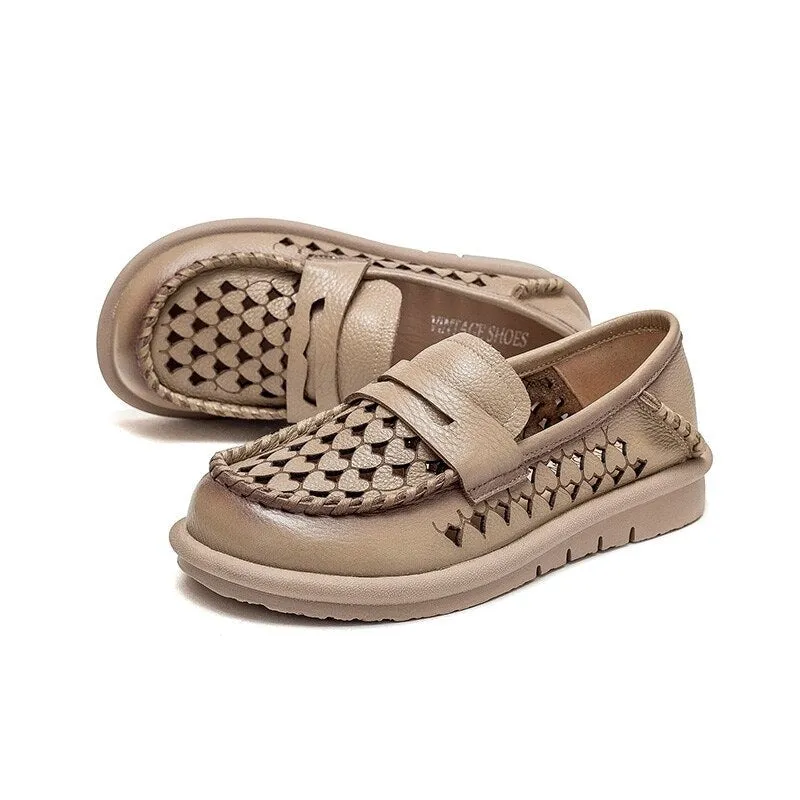 Women Retro Leather Moccasins Flats Ballet Shoes