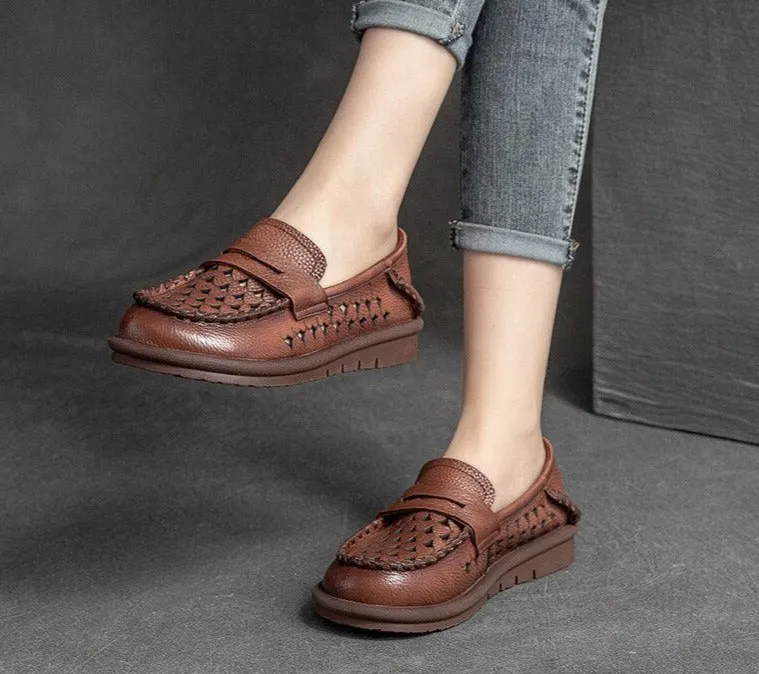 Women Retro Leather Moccasins Flats Ballet Shoes